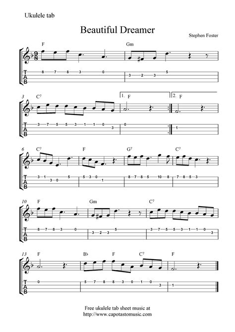 The 4 chords you need to play beginner ukulele songs. "Beautiful Dreamer" Ukulele Sheet Music - Free Printable | Ukulele, Ukulele songs, Sheet music