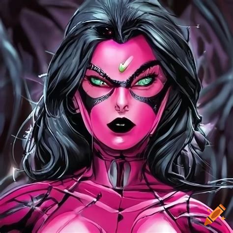 Pink Widow Spider Woman With Black Hair And Green Eyes