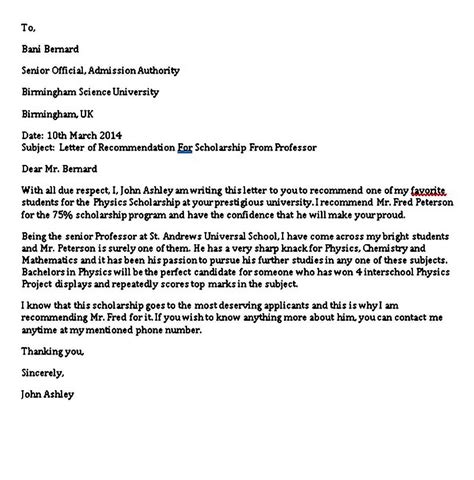 Sample Recommendation Letter For Scholarship From Professor Pdf The Document Template