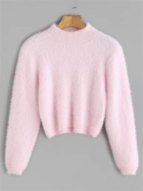 Pink Crew Neck Crop Fuzzy Sweater Shein Sheinside