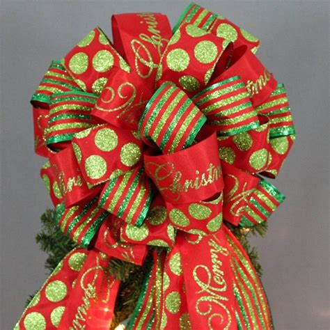 Manual measuring, please allow 1 ~ 3mm error,thank you. This large red and green Christmas tree topper bow is created with 3 bright color holiday ...