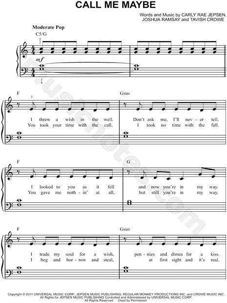 Carly Rae Jepsen Call Me Maybe Sheet Music Easy Piano In C Major Download And Print Sku