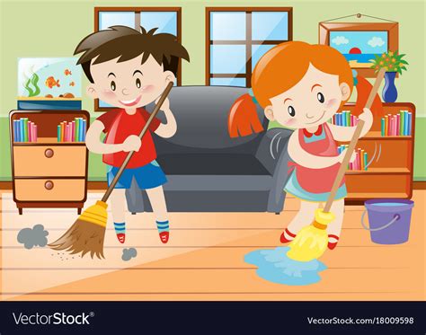 Boy And Girl Doing Chores In House Royalty Free Vector Image