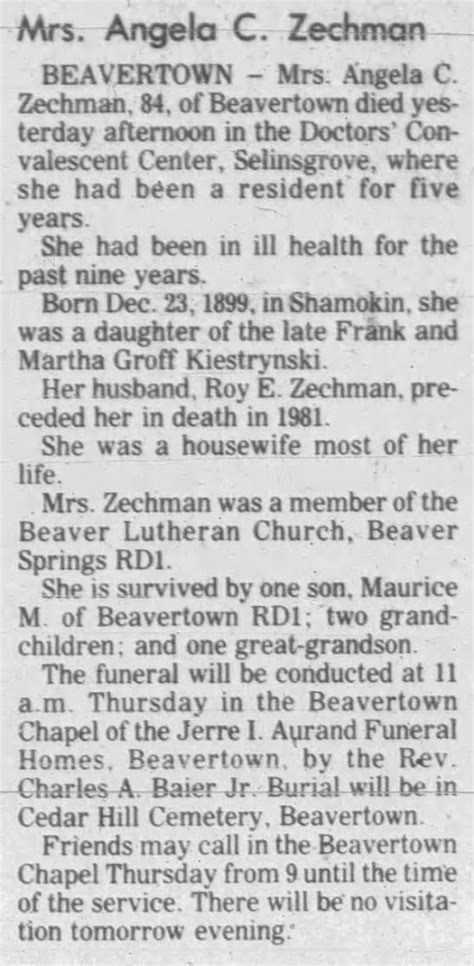 Obituary For Angela C Zechman