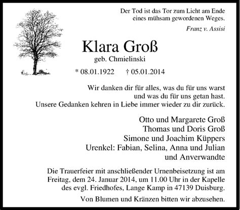 Traueranzeigen von Klara Groß Trauer in NRW de