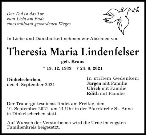 Traueranzeigen Von Theresia Maria Lindenfelser Augsburger Allgemeine