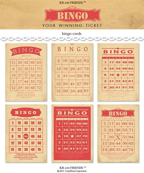 Buy Digital Vintage Style Bingo Cards For Crafts Printable Red Online