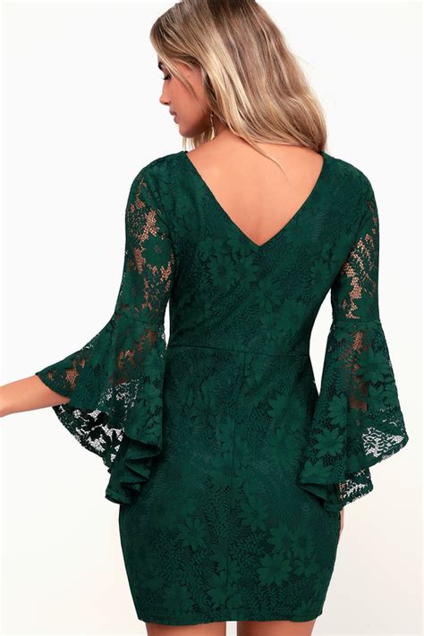 Sexy Forest Green Lace Dress Lace Flounce Sleeve Dress