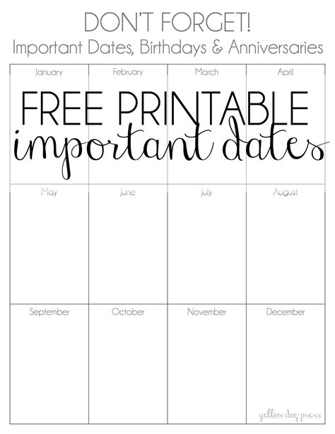 Free Printable Important Dates Important Dates Free Printables