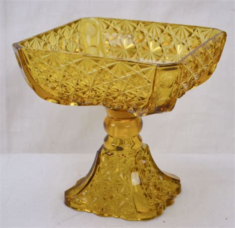 Rare Le Smith Amber Glass Square Pedestal Compote Dish Double Pattern Daisy Moon Lesmith With