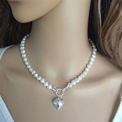 White Freshwater Pearl necklace Sterling hammer heart toggle Baroque ...