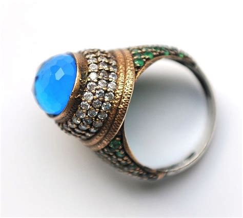 Turkish Style Ring 925 Sterling Silver And Brass Ring Sapphire Emerald