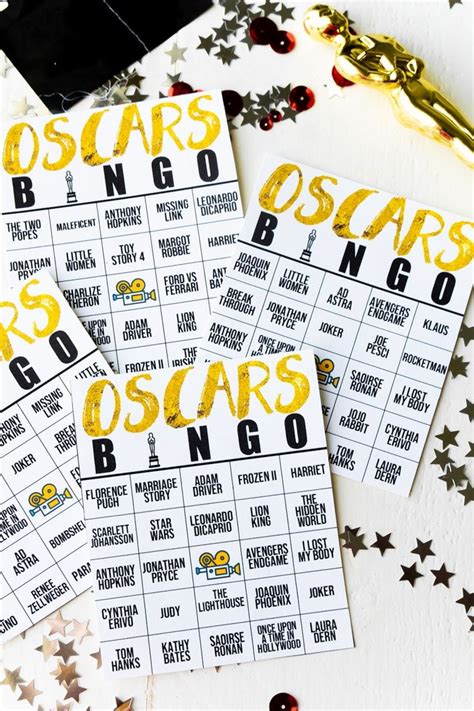 Three Oscars Party Game Cards With Gold Foil Lettering And Stars On The