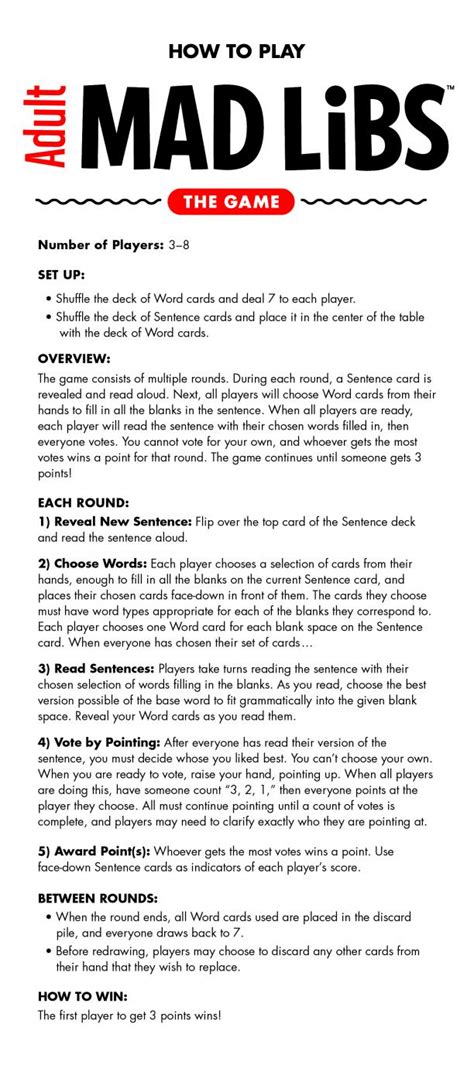 Adult Mad Libs The Game Rules Looney Labs