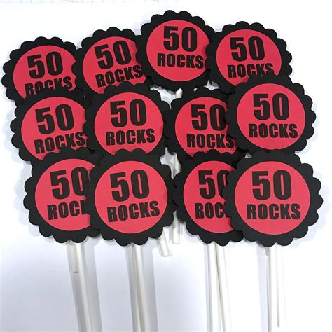 50th birthday cupcake toppers 50 rocks black and red or your colors set of 12 by carasscrap