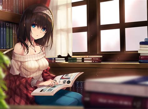 Download 1600x1200 Wallpaper Cute Girl Reading Book Anime Original