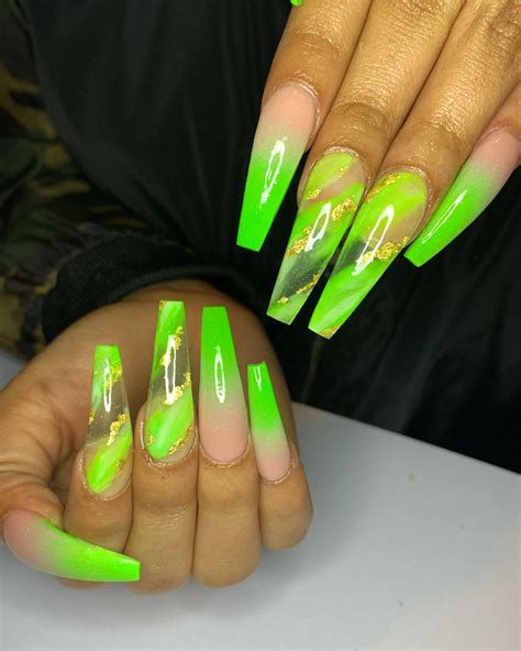 Lime Green Ombre Coffin Nails With Two Accent Lime Green Marble Nails