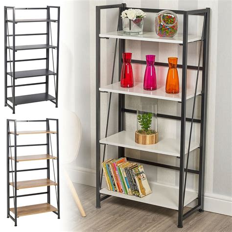 4 Tier Wood And Steel Folding Ladder Shelf Collapsible Unit Office