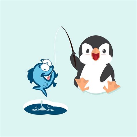 Cute Cartoon Penguin Catching A Fish 1734594 Vector Art At Vecteezy