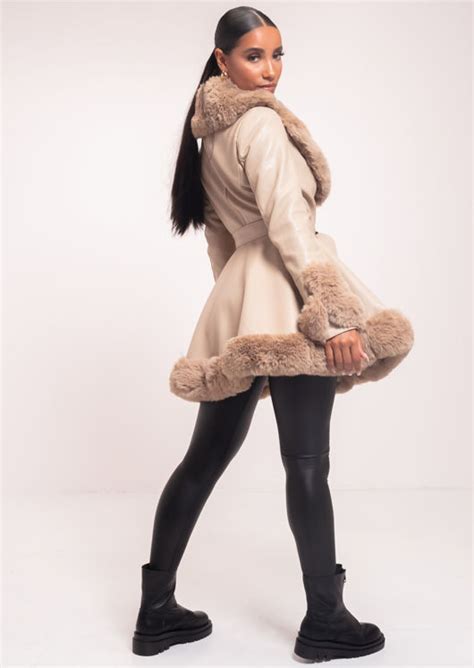 Faux Fur Collared Longline Belted Leather Coat Beige I Lily Lulu