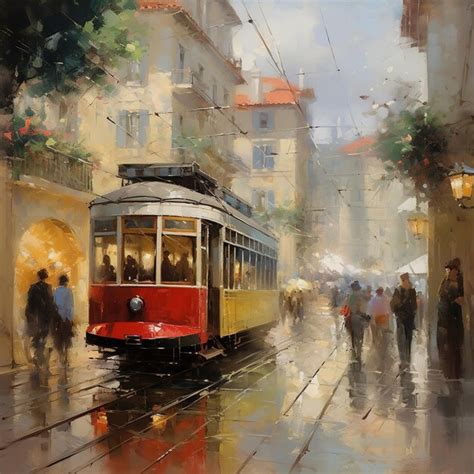 Premium Ai Image Painting Of A Tram