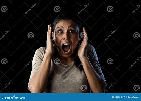 Close Up Portrait Young Attractive Latin Woman Screaming Desperate Screaming In Primal Fear