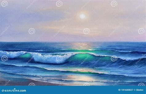 Sunset On The Sea Painting By Oil On Canvas Stock Illustration