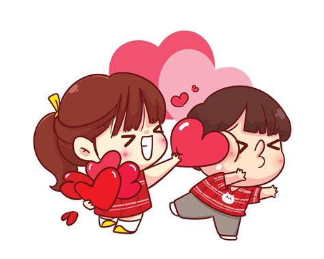 linda chica le da su corazón a su novio feliz San Valentín ilustración de personaje de dibujos