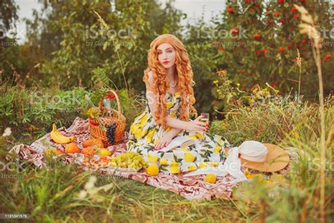 Healthy Lifestyle Redhead Girl In Summer Dress With Lemons Joy Picnic