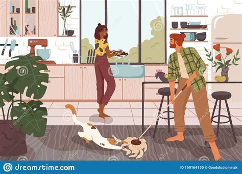 Funny Couple Cleaning House Together Cartoon Vector Illustration Man