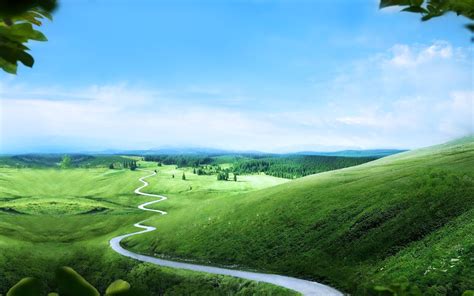 Green Landscapes Hills Road Long Way Path Trees Nature Earth Sky Clouds