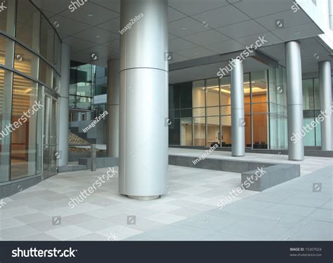 Office Building Lobby Glass Windows Columns Stock Photo