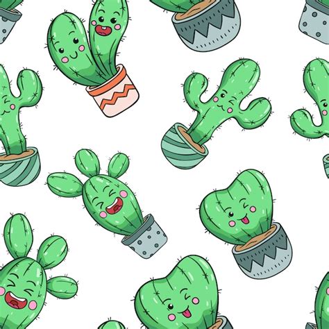 Premium Vector Doodle Style Of Kawaii Cactus In Seamless Pattern With
