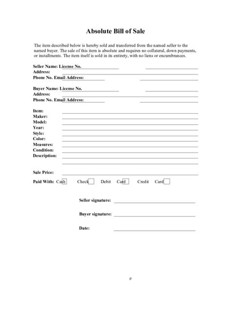 Absolute Bill Of Sale Form Printable Pdf Download