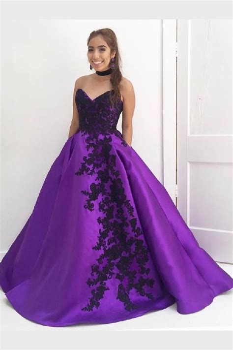 Customized Engrossing Sweetheart Purple Long Quinceanera Dress With Black Appliques Black Dresse