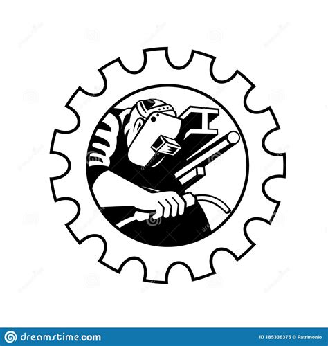 Welder Fabricator Welding Torch Circle Retro Black And White Cartoon
