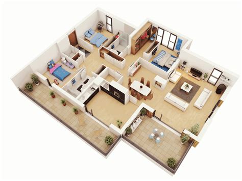 3d furniture & home accessories added this month: 3D Three Bedroom House Layout Design Plans #23034 ...