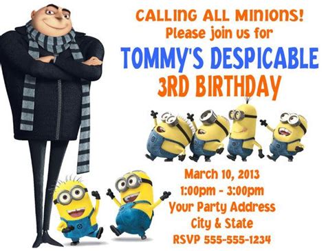 Personalized Despicable Me Gru And Minions Birthday Party Invitations