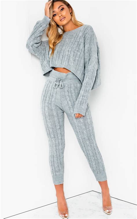 Jasmen Cable Knit Lounge Co Ord In Grey Ikrush
