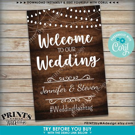Welcome To Our Wedding Sign Wedding Welcome Printable 24x36 Rustic