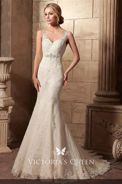 Classic Ivory Beaded Lace And Satin V Neckline Mermaid Chapel Train