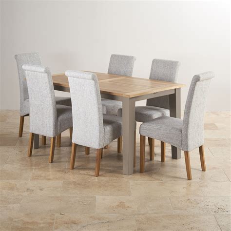Includes dining table and 6 dining chairs. St Ives Light Grey Painted Extending Dining Table + 6 ...