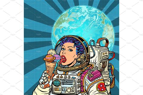 woman astronaut eats planets of the creative daddy