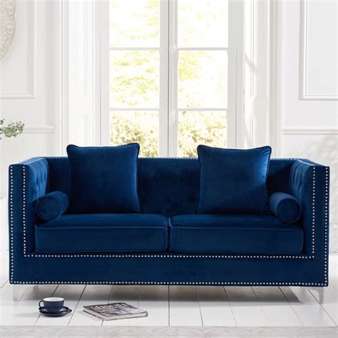 New England Blue Velvet Buttoned Studded 3 Seater Sofa F