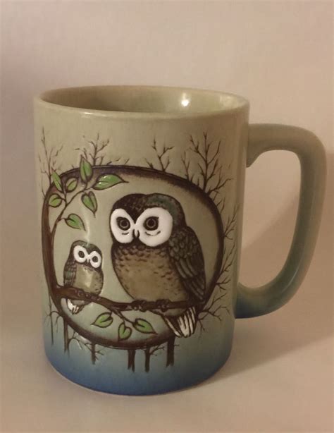 Vintage Two Owls On A Branch Mug 8 Oz Coffee Cup Ceramic Stoneware