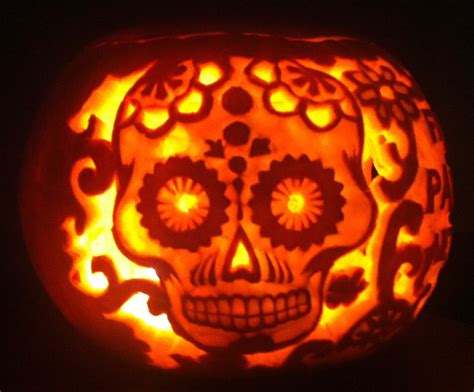 Halloween Pumpkin Carved With Day Of The Dead Skull And Pattern Skull