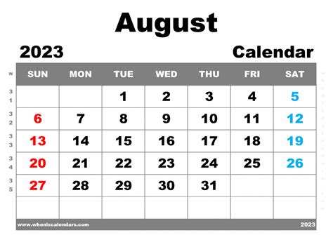 Free Printable August 2023 Calendar With Week Numbers