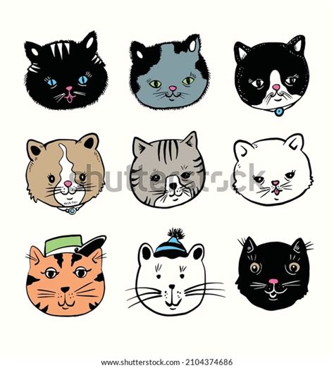 Collection Cute Funny Cat Faces Heads Stock Vector Royalty Free