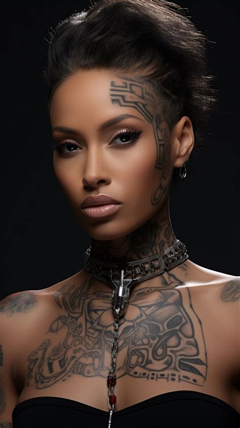 A Woman With Tattoos On Her Chest And Neck Is Posing For The Camera In Front Of A Black Background