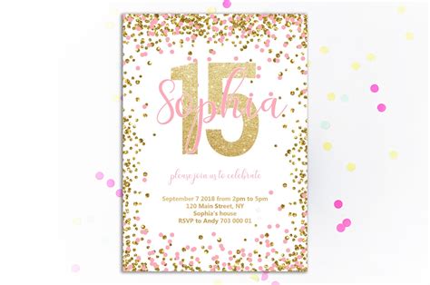 Girl 15th Birthday Invitation Pink And Gold Fifthteenth Etsy